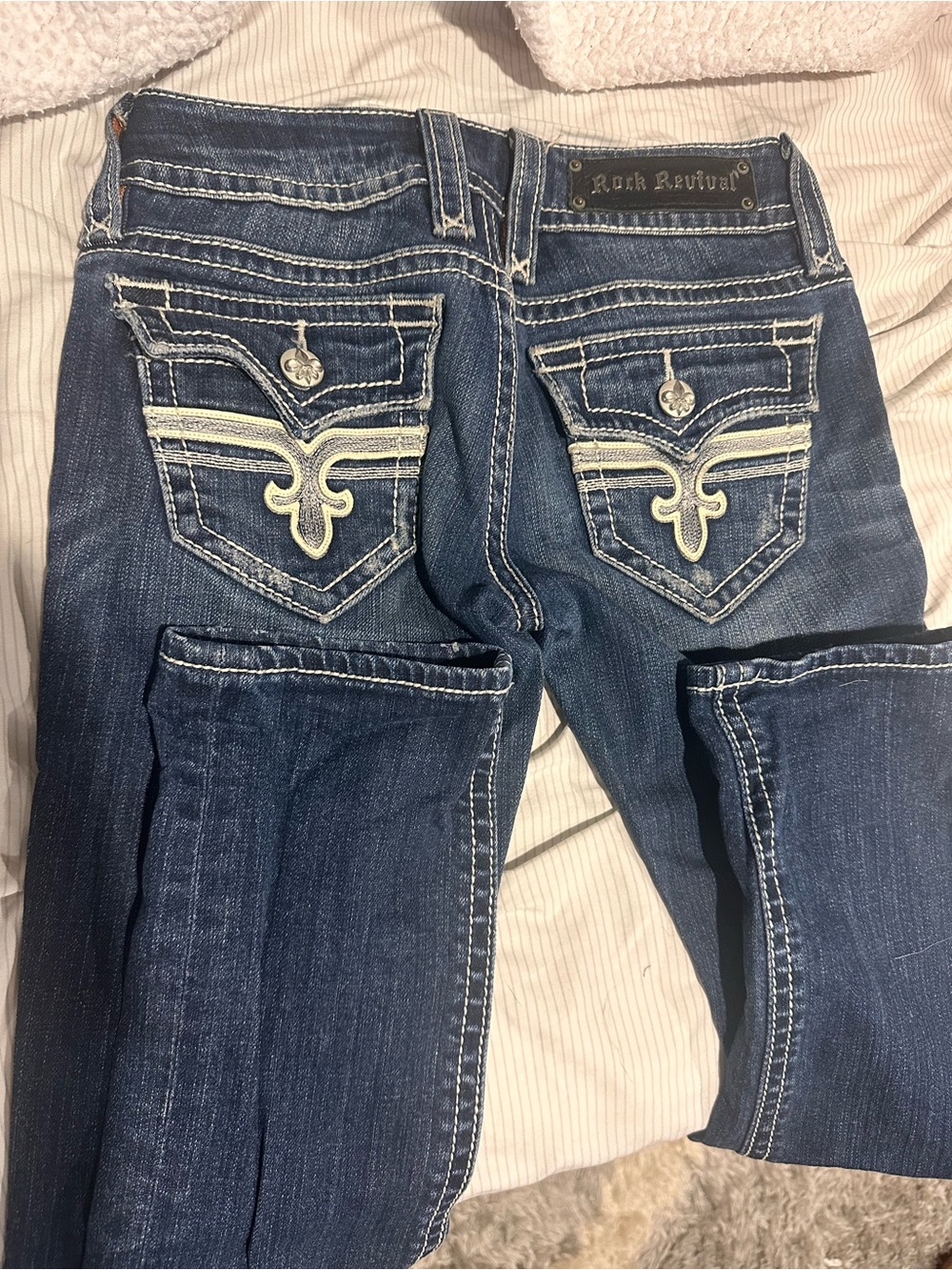 Rock Revival Women's Blue Boot Cut Jeans with Embroidered Pockets
